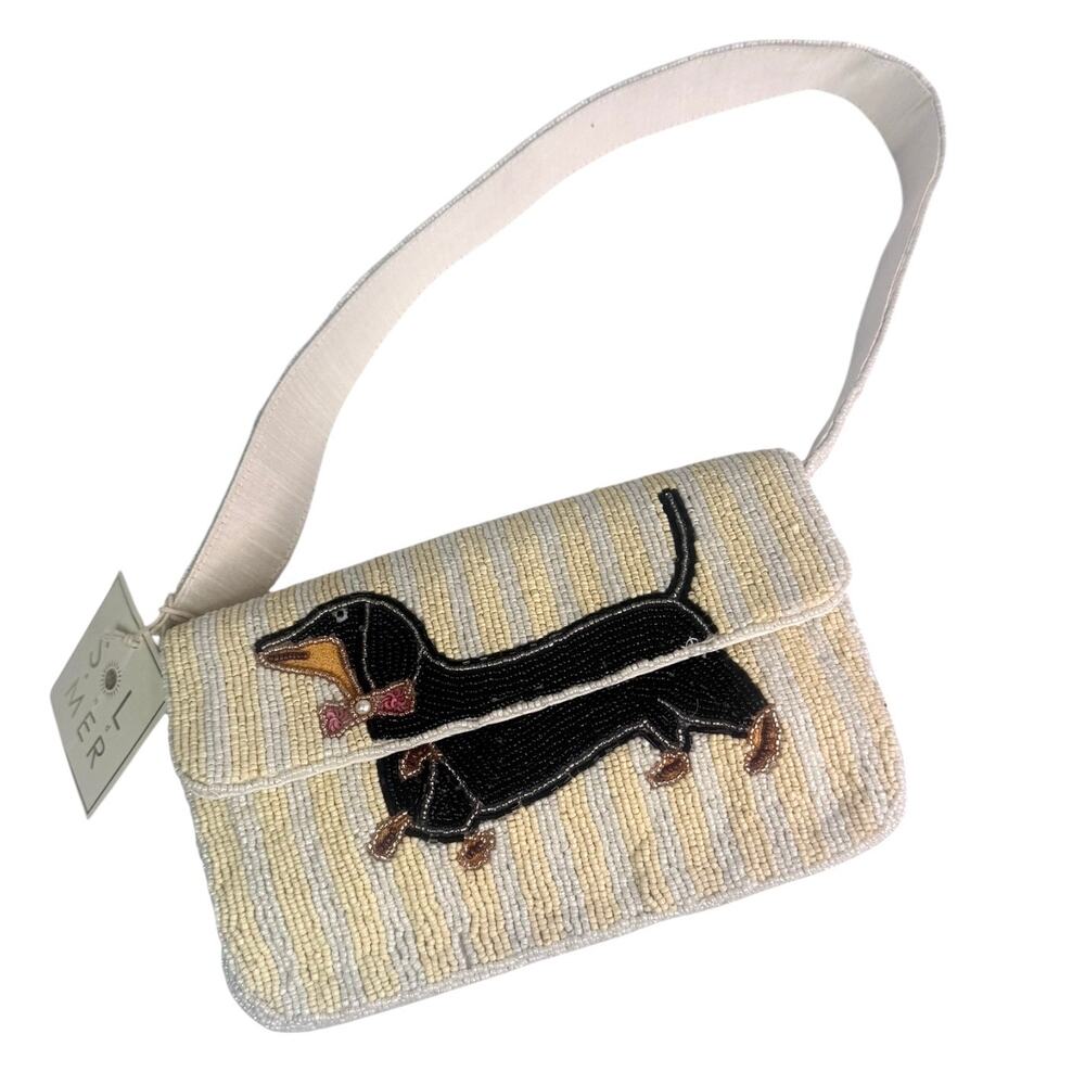 Dachshund Beaded Handbag Shoulder Bag Purse Dog Pink Bow Faux Pearl Striped New